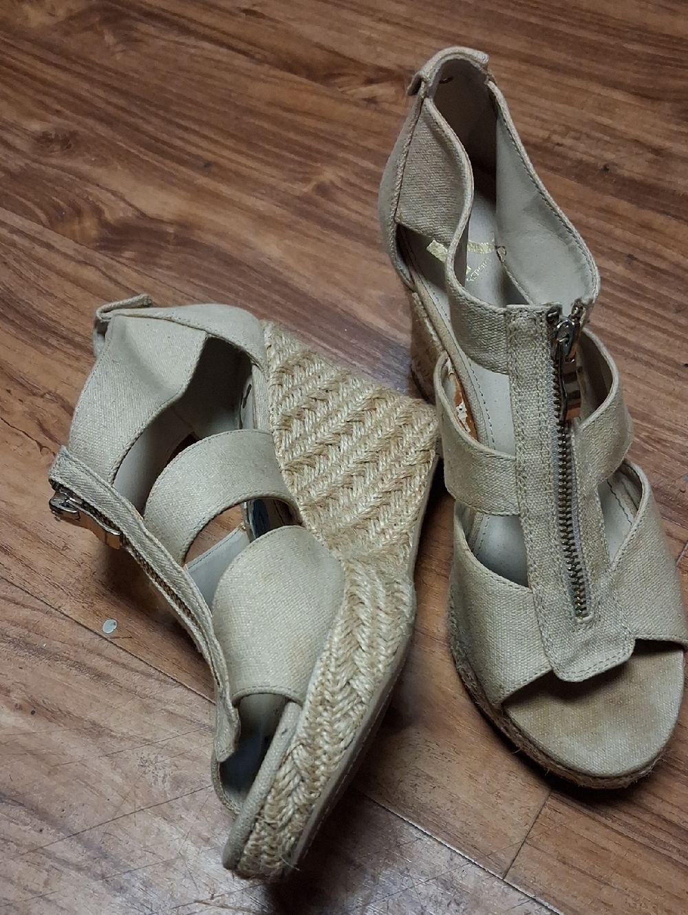 Report Beige Espadrille Wedge Sandals with Front Zip